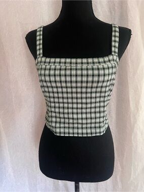 Plaid Square-Neck Crop Tank Top - green & White